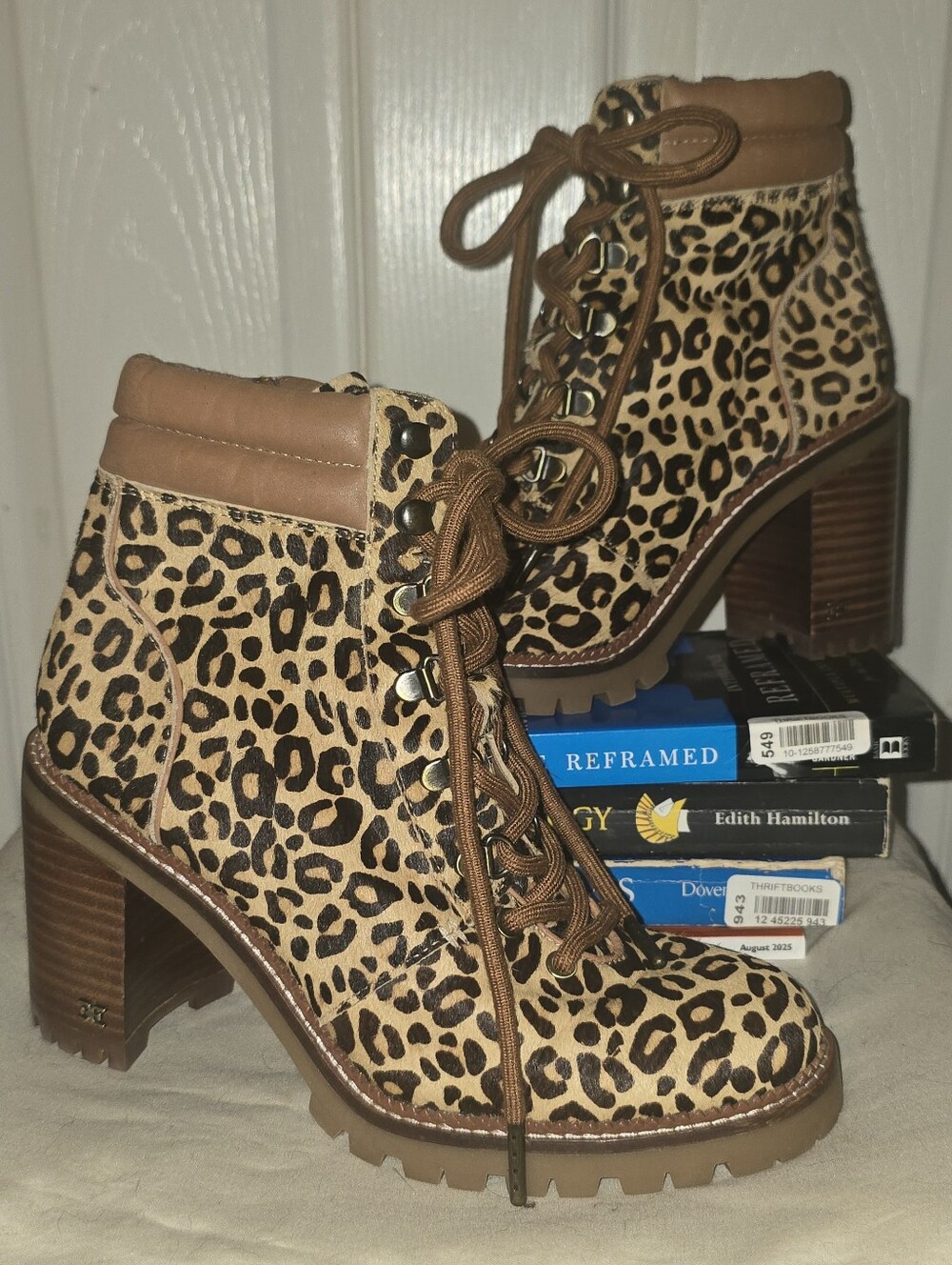 Sam Edelman Tamia Leopard Calf Hair Hiker Boots Lace Up Lug Sole